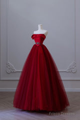 Classy Balll Gown Strapless Red Tulle Long Evening Dress Prom Dresses