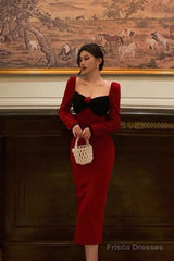 Classy French Sheath Long Sleeves Red Prom Dresses Birthday Outfits Evening Gown