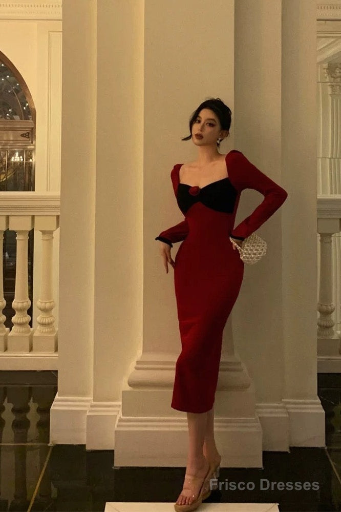 Classy French Sheath Long Sleeves Red Prom Dresses Birthday Outfits Evening Gown Main image