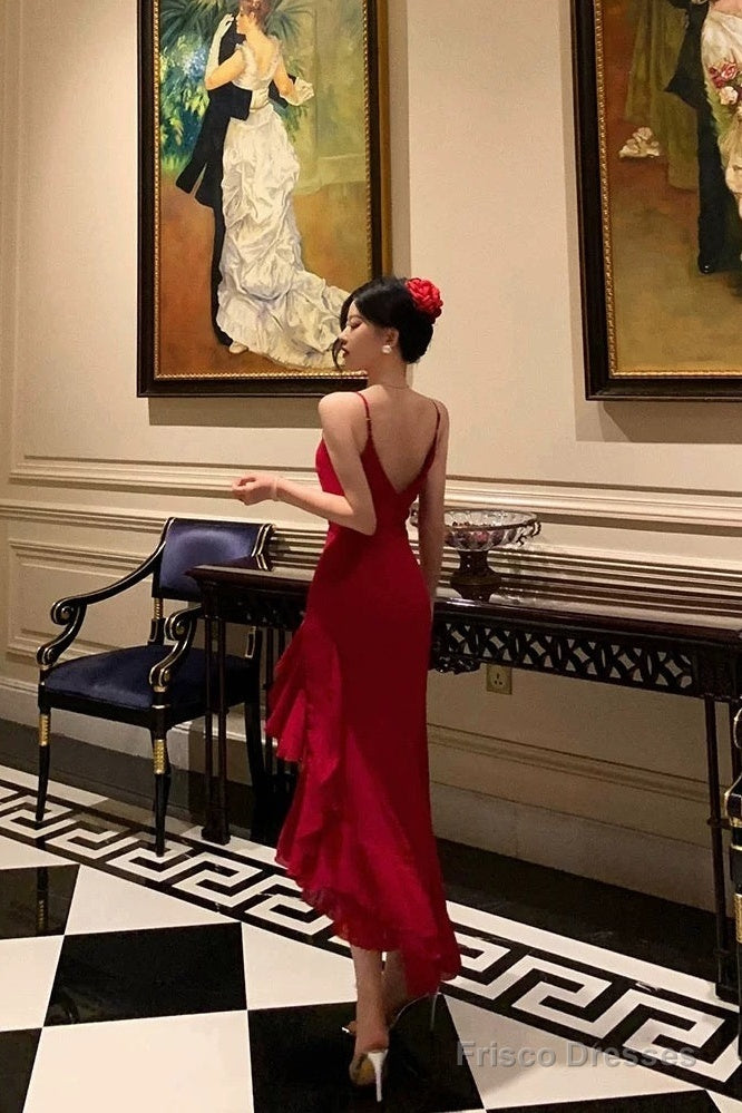 Classy High Low Spaghetti Straps Red Long Prom Dresses Birthday Outfits Evening Gown Secondary image