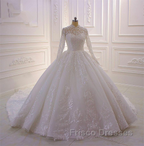 Classy Long A-line High Neck Appliques Lace Pearl Sequins Ruffles Wedding Dress with Sleeves