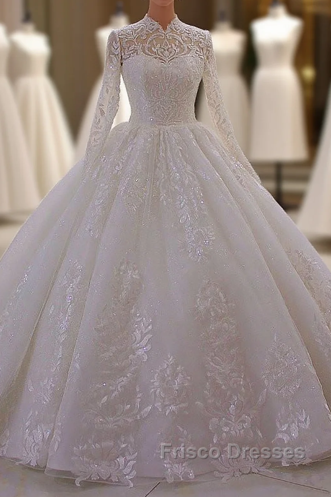 Classy Long A-line High Neck Appliques Lace Pearl Sequins Ruffles Wedding Dress with Sleeves