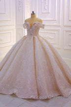 Classy Long Off the Shoulder Sequin Beading Satin Ball Gown Wedding Dress