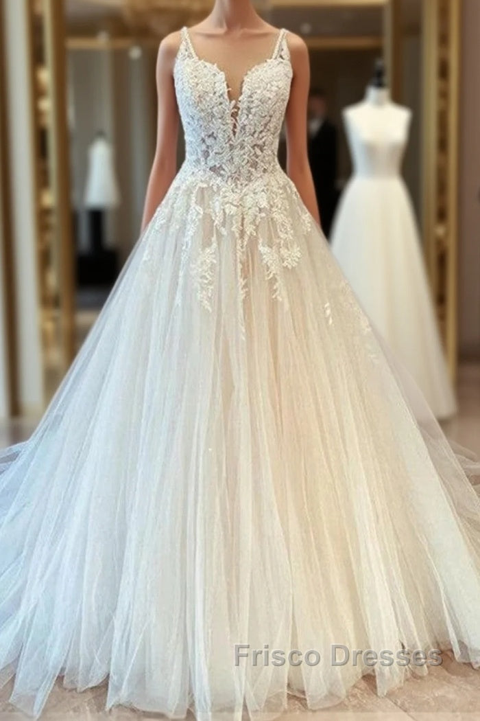 Classy Long Princess Sweetheart Tulle Appliques Lace Wedding Dress Main image