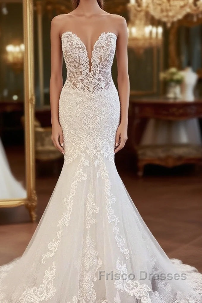 Classy Long Sweetheart Backless Mermaid Wedding Dress With Appliques Lace Main image