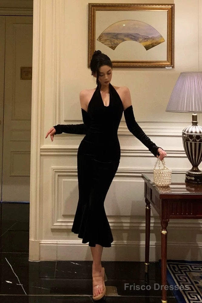 Classy Mermaid Halter Neckline Ruffles Black Velvet Prom Dresses Birthday Outfits Evening Gown Main image