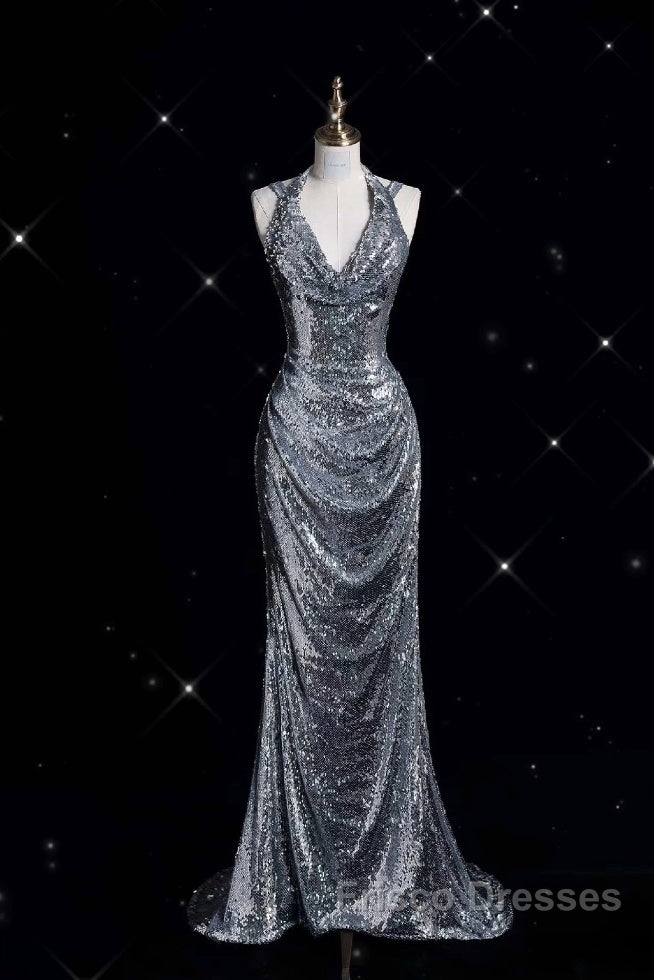 Classy Mermaid Halter Silver Sequin Long Evening Dress Sexy Formal Prom Dress