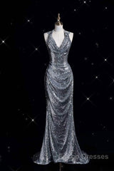 Classy Mermaid Halter Silver Sequin Long Evening Dress Sexy Formal Prom Dress