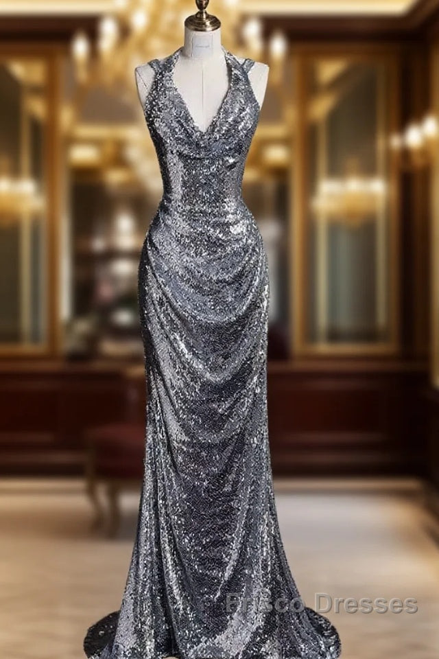 Classy Mermaid Halter Silver Sequin Long Evening Dress Sexy Formal Prom Dress Main image