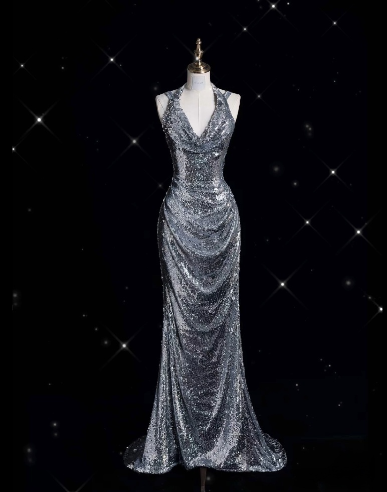 Classy Mermaid Halter Silver Sequin Long Evening Dress Sexy Prom Dresses Main image