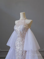 Classy Mermaid High Neckline Sequin Ruffles Long Formal Dress Formal Prom Dress