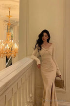 Classy Mermaid Long Sleeves Ivory Slit Prom Dresses Birthday Outfits Evening Gown