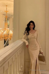 Classy Mermaid Long Sleeves Ivory Slit Prom Dresses Birthday Outfits Evening Gown