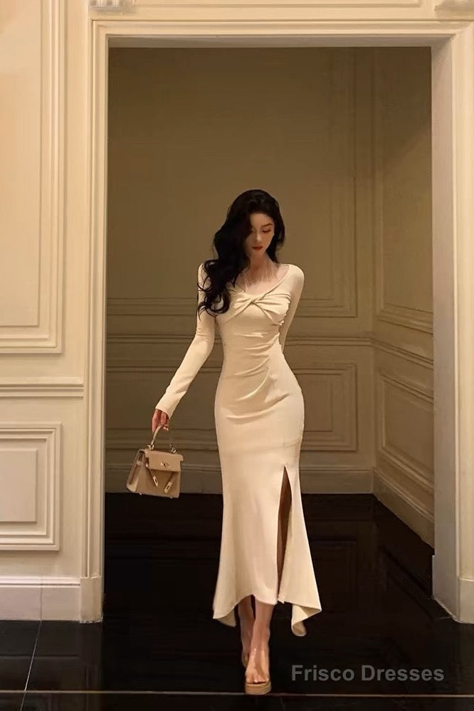 Classy Mermaid Long Sleeves Ivory Slit Prom Dresses Birthday Outfits Evening Gown