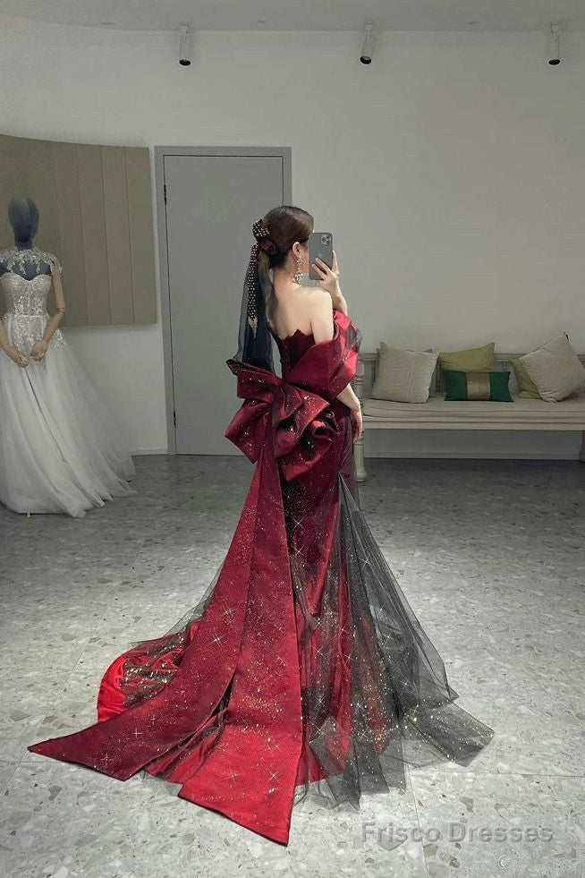 Classy Mermaid Off The Shoulder Burgundy Long Party Dress Sequin Prom Dresses Secondary image