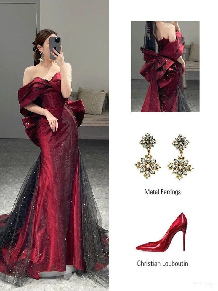 Classy Mermaid Off The Shoulder Burgundy Long Party Dress Sequin Prom Dresses Secondary image