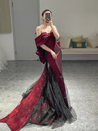 Classy Mermaid Off The Shoulder Burgundy Long Party Dress Sequin Prom Dresses