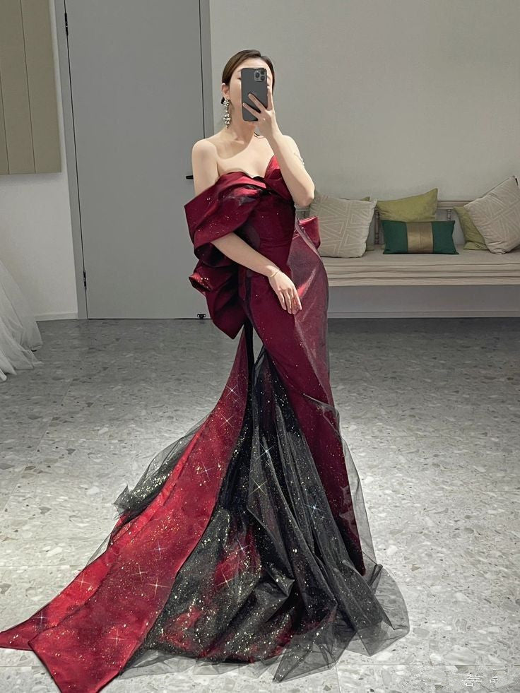 Classy Mermaid Off The Shoulder Burgundy Long Party Dress Sequin Prom Dresses