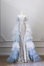 Classy Mermaid Off The Shoulder Neckline Sequin Ruffles Long Evening Dress Formal Prom Dress