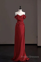 Classy Mermaid Off The Shoulder Red Satin Long Evening Gowns Formal Prom Dress