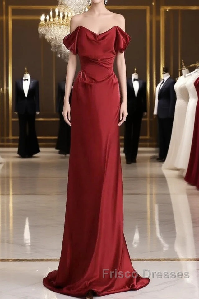 Classy Mermaid Off The Shoulder Red Satin Long Evening Gowns Formal Prom Dress Main image