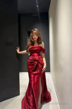 Classy Mermaid Off The Shoulder Red Satin Long Evening Gowns Split Prom Dress