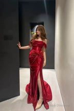 Classy Mermaid Off The Shoulder Red Satin Long Evening Gowns Split Prom Dress