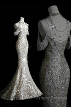 Classy Mermaid Off The Shoulder Silver Sequin Long Party Dress Formal Prom Dress