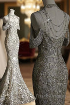 Classy Mermaid Off The Shoulder Silver Sequin Long Party Dress Formal Prom Dress