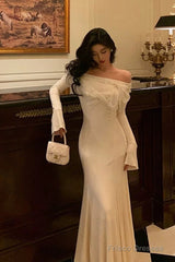Classy Mermaid Off The Shoulder White Ruffles Long Sleeves Prom Dresses Birthday Outfits Evening Gown