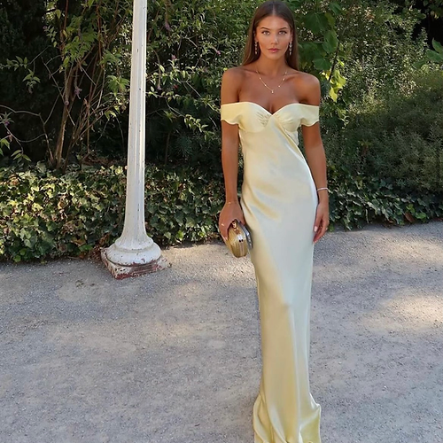 Classy Mermaid Off The Shoulder Yellow Satin Long Evening Dress Prom Dresses Secondary image