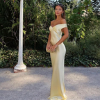 Classy Mermaid Off The Shoulder Yellow Satin Long Evening Dress Prom Dresses