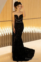 Classy Mermaid Spaghetti Straps Black Sequin Long Evening Gowns Prom Dress