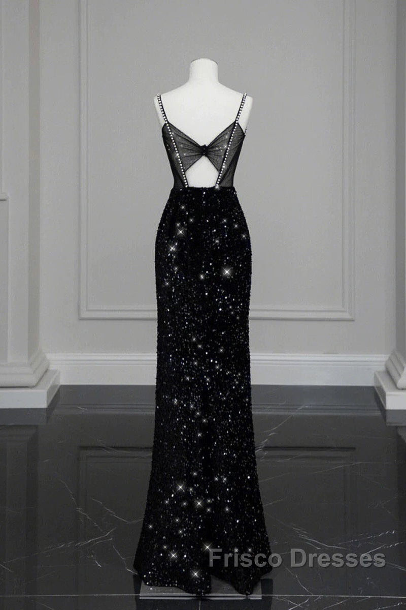 Classy Mermaid Spaghetti Straps Black Sequin Slit Long Evening Gowns Formal Prom Dress Secondary image