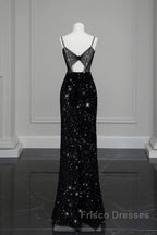 Classy Mermaid Spaghetti Straps Black Sequin Slit Long Evening Gowns Formal Prom Dress