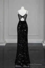 Classy Mermaid Spaghetti Straps Black Sequin Slit Long Evening Gowns Prom Dress