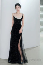 Classy Mermaid Spaghetti Straps Black Sequin Slit Long Evening Gowns Formal Prom Dress