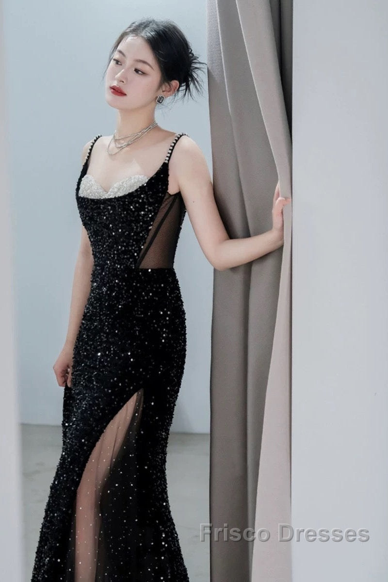 Classy Mermaid Spaghetti Straps Black Sequin Slit Long Evening Gowns Formal Prom Dress