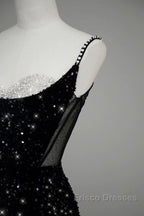 Classy Mermaid Spaghetti Straps Black Sequin Slit Long Evening Gowns Formal Prom Dress