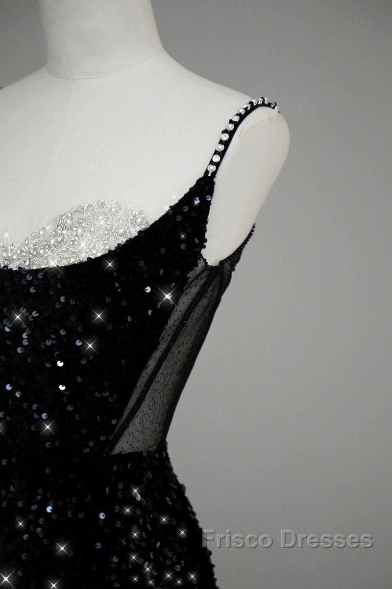 Classy Mermaid Spaghetti Straps Black Sequin Slit Long Evening Gowns Formal Prom Dress
