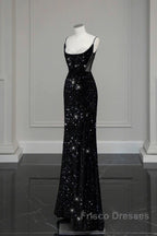 Classy Mermaid Spaghetti Straps Black Sequin Slit Long Evening Gowns Formal Prom Dress