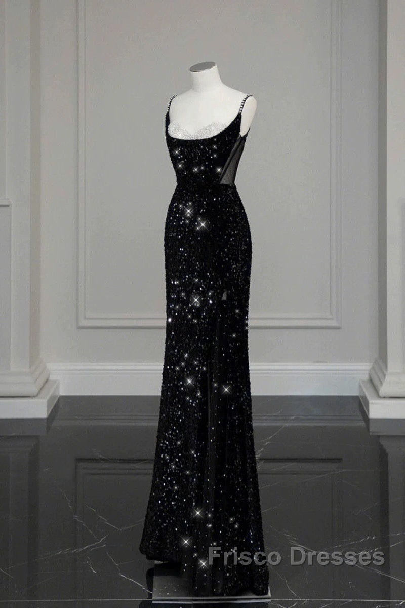 Classy Mermaid Spaghetti Straps Black Sequin Slit Long Evening Gowns Formal Prom Dress