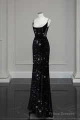 Classy Mermaid Spaghetti Straps Black Sequin Slit Long Evening Gowns Prom Dress