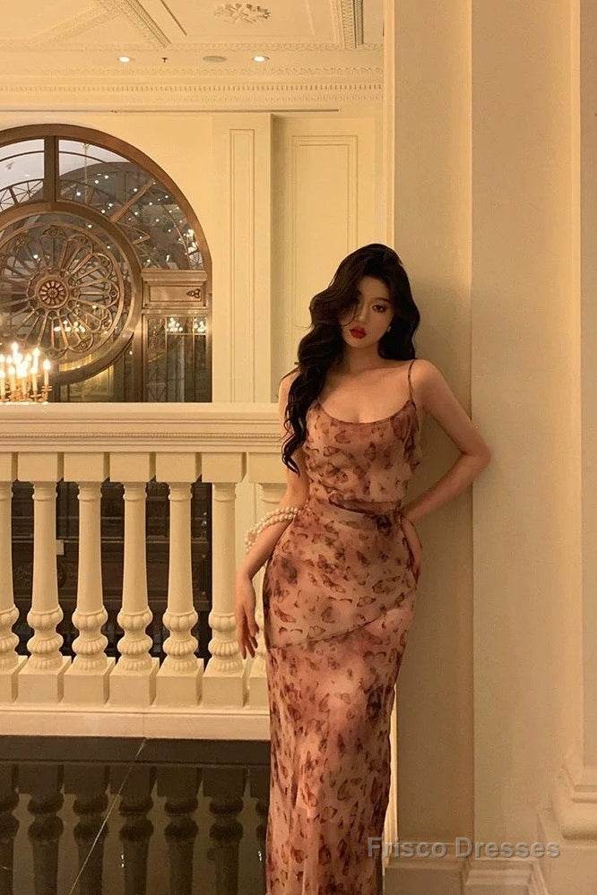 Classy Mermaid Spaghetti Straps Floral Chiffon Prom Dresses Birthday Outfits Evening Gown Secondary image