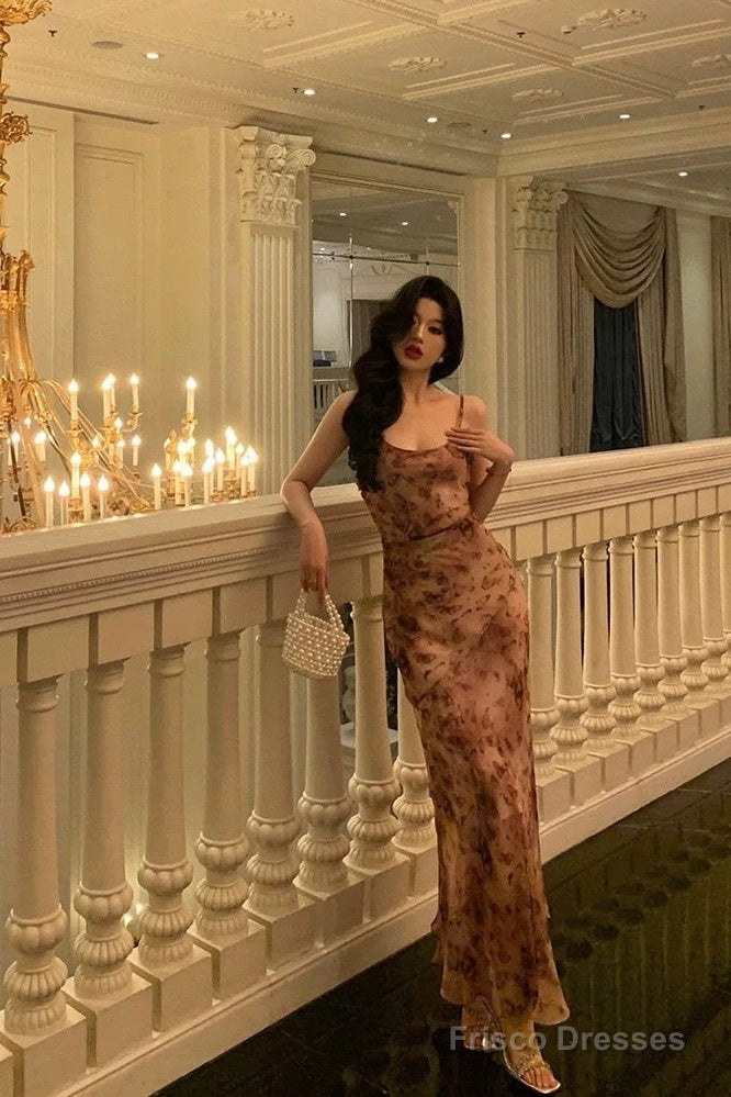 Classy Mermaid Spaghetti Straps Floral Chiffon Prom Dresses Birthday Outfits Evening Gown Main image