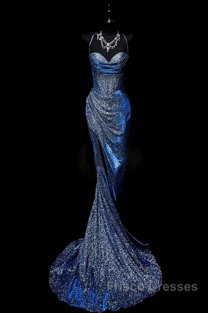 Classy Mermaid Spaghetti Straps Navy Blue Sequin Long Evening Gowns Formal Prom Dress