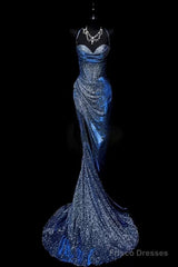 Classy Mermaid Spaghetti Straps Navy Blue Sequin Long Evening Gowns Prom Dress