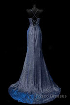 Classy Mermaid Spaghetti Straps Navy Blue Sequin Long Evening Gowns Formal Prom Dress