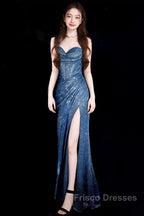 Classy Mermaid Spaghetti Straps Navy Blue Sequin Long Evening Gowns Formal Prom Dress