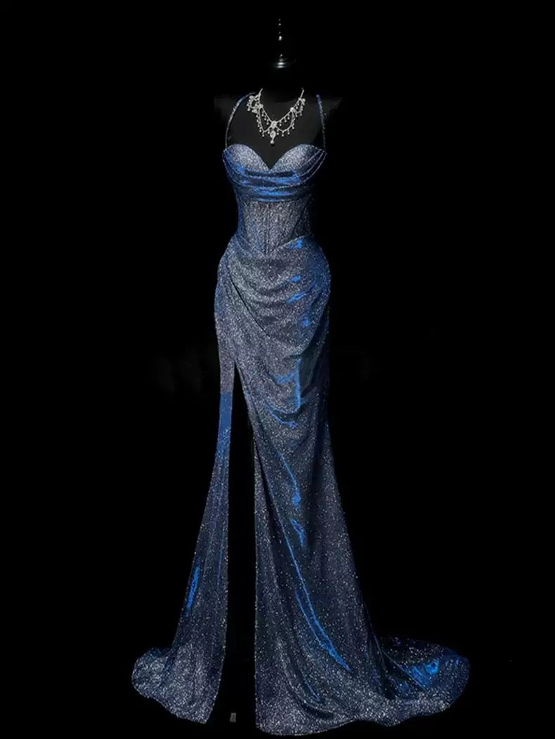 navy blue classy dress Classy Navy Satin Prom Dress with Lace Beaded and Slit Liymc